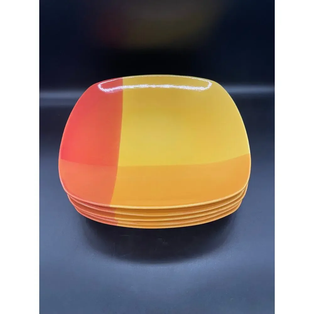 222 Fifth Color Blocks Red / Yellow Set of 5 Square Dinner Plates 11.25